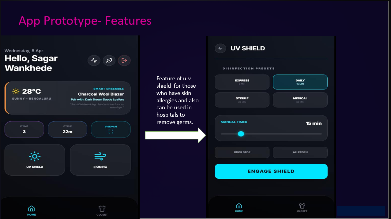 RoboCupboard app: UV Shield feature screen